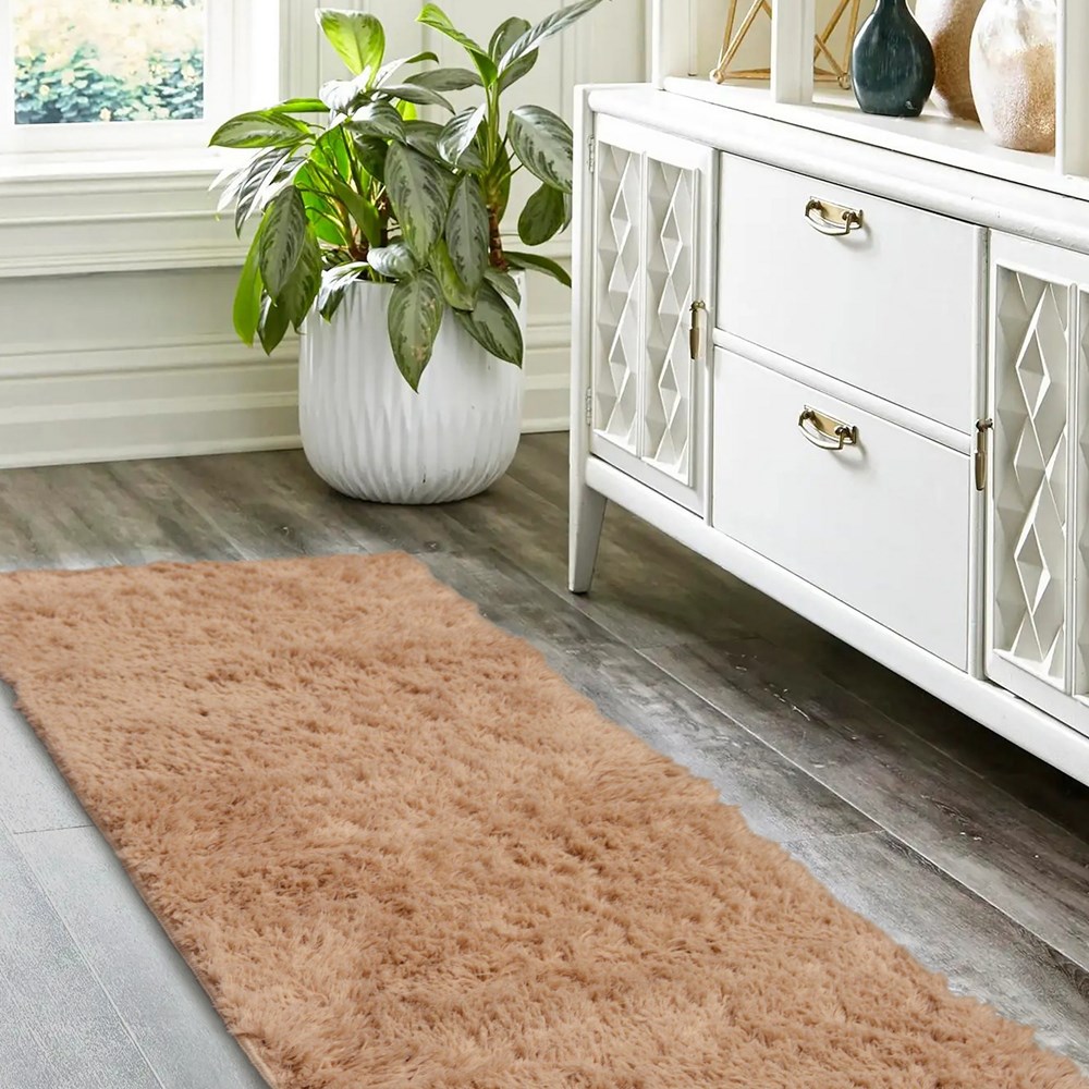 Soft Washable Cosy Modern Shaggy Runner Rugs in Champagne Brown